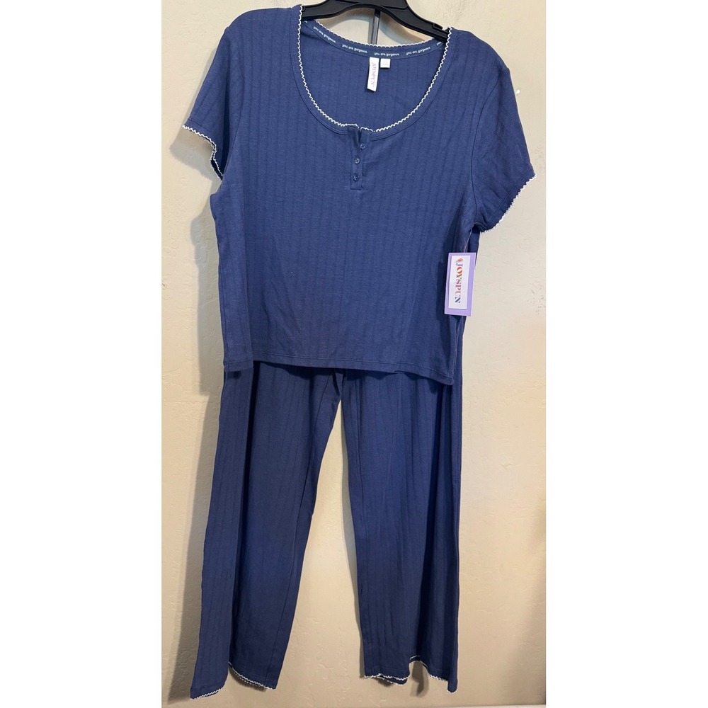 Joyspun Pajama Set Women L Navy Blue Ribbed Henley Top Wide Leg Pants NEW